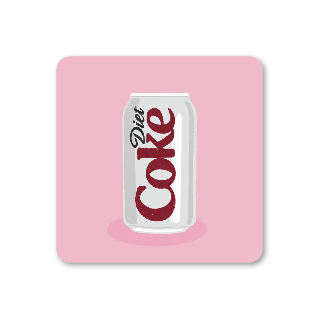 Pink square coaster with rounded corners featuring an illustrated silver can of Diet Coke.