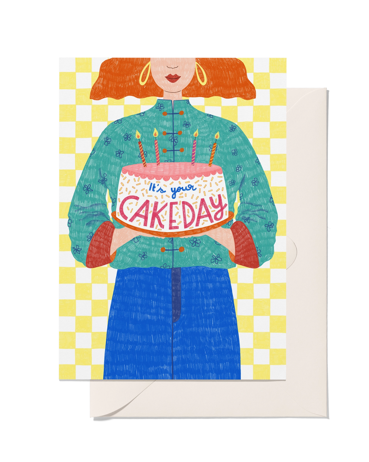 It’s Your Cake Day birthday card featuring a pink iced sprinkle cake with candles against a bright yellow checked background.
