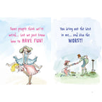 Illustrated friendship book pages with funny messages about having fun and bringing out the best and worst in each other.