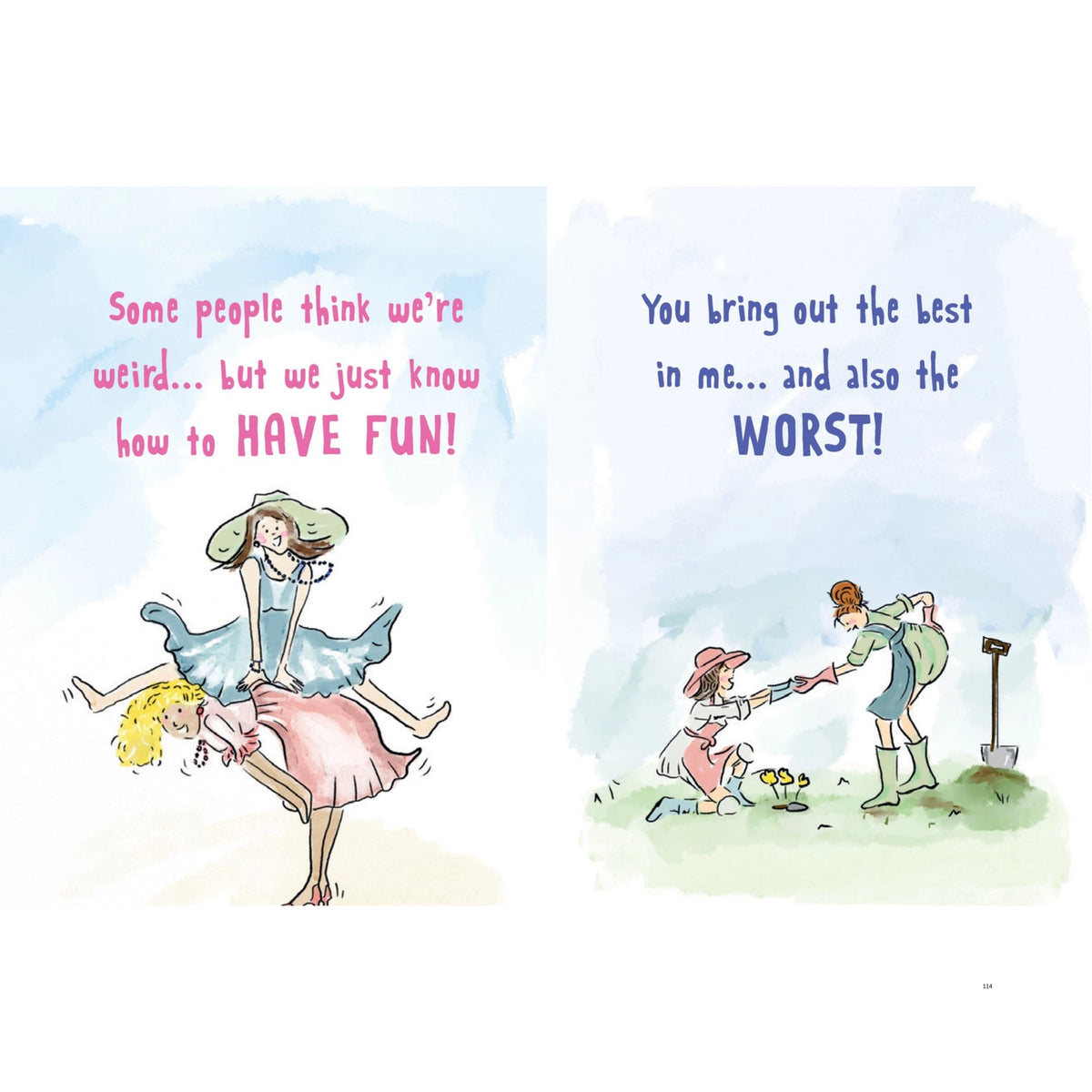 Illustrated friendship book pages with funny messages about having fun and bringing out the best and worst in each other.