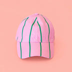 Joyful pink and green striped baseball cap bringing a bright pop of colour to sunny day styling.