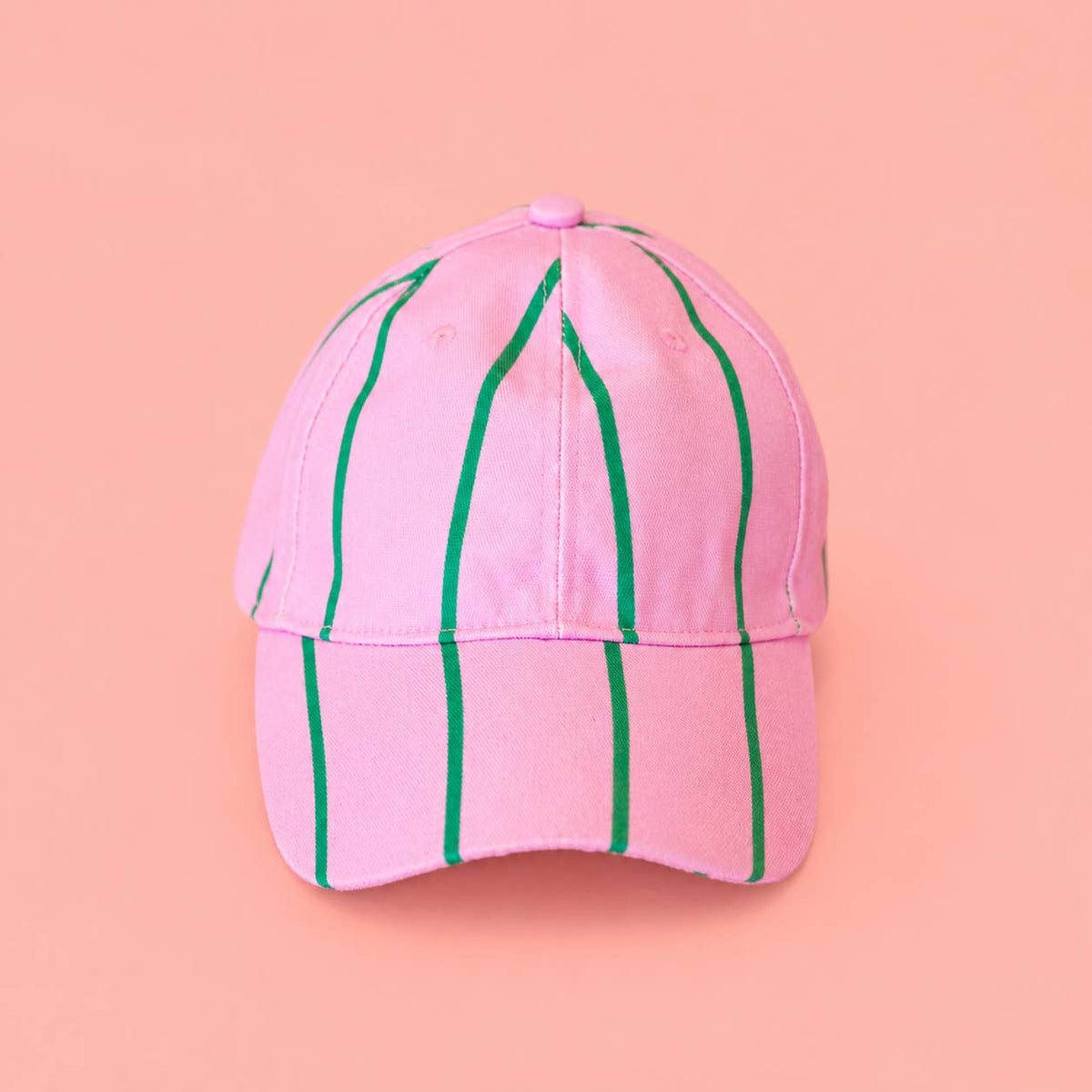 Joyful pink and green striped baseball cap bringing a bright pop of colour to sunny day styling.