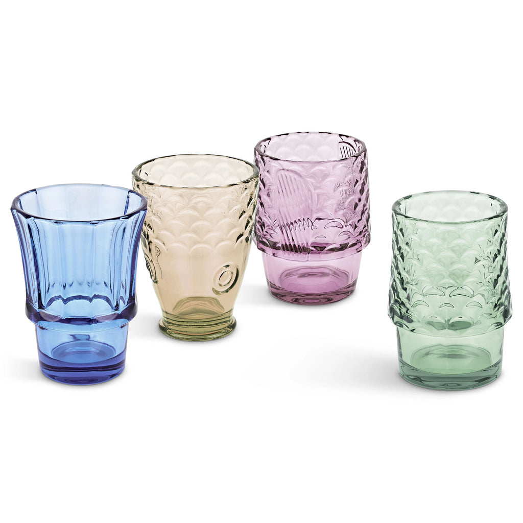 Four multicoloured fish drinking glasses in blue, amber, purple and green displayed separately.
