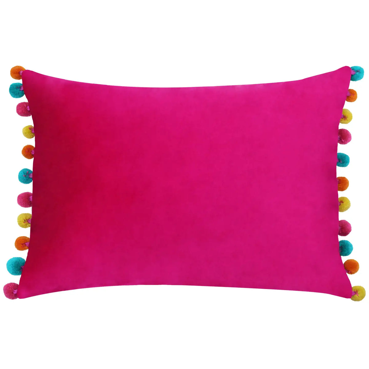 Bright pink velvet rectangular cushion with colourful turquoise, orange, yellow and pink pom pom edging.