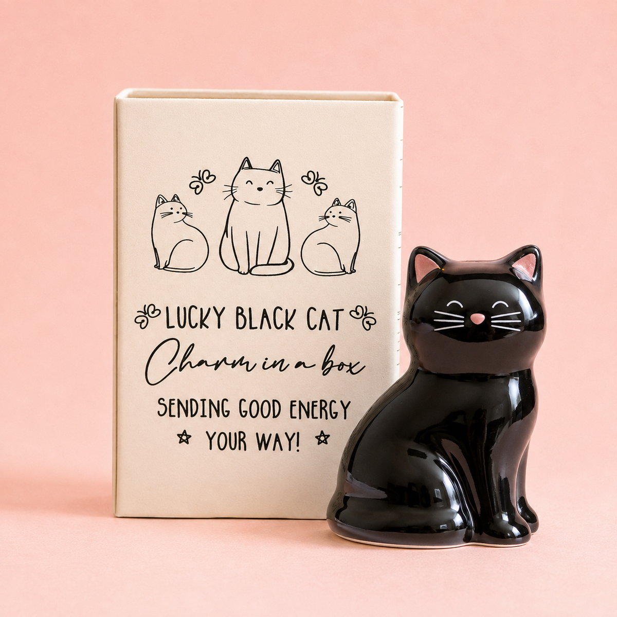 Glossy black ceramic lucky cat token with pink nose beside its Lucky Black Cat gift box on a soft pink background.