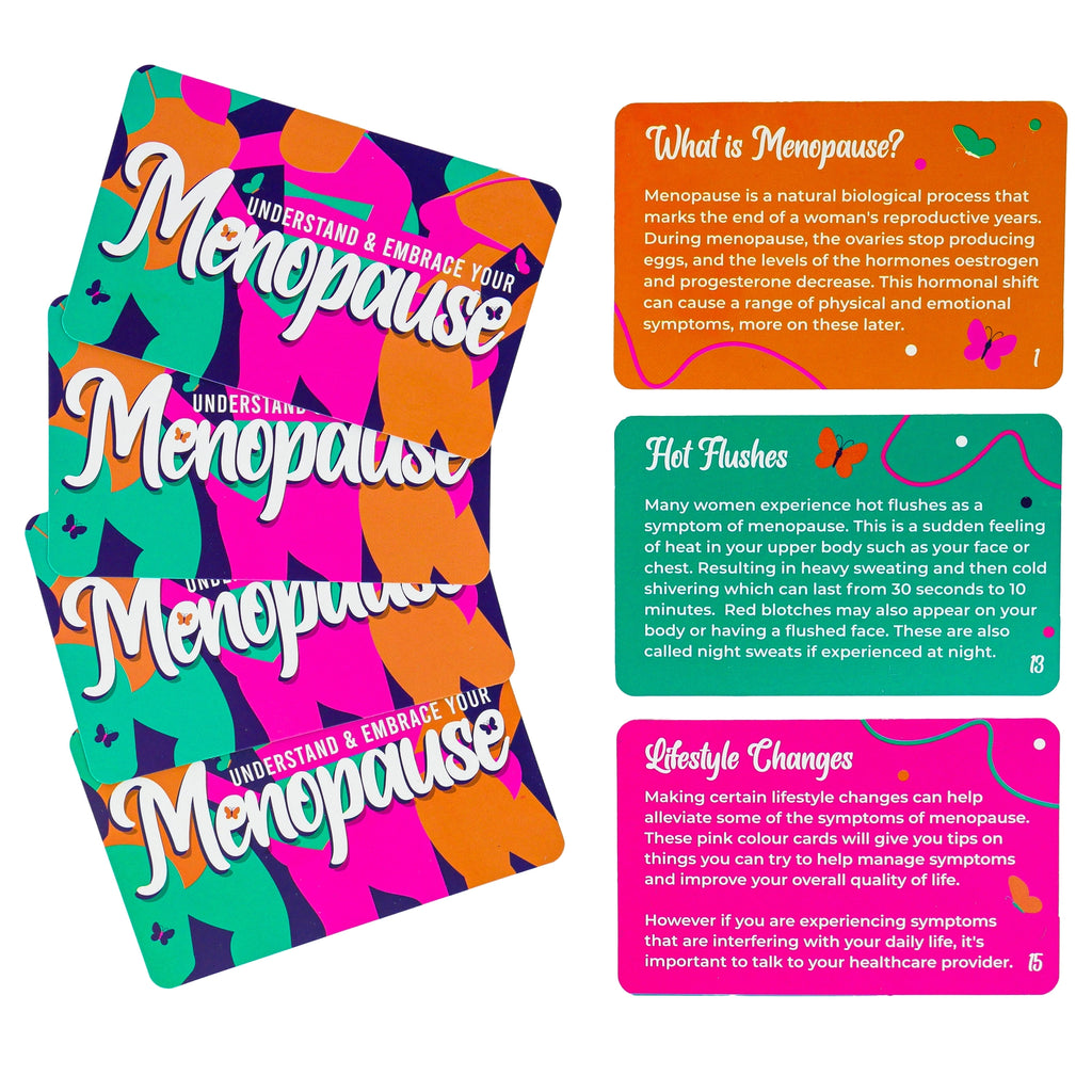 Colourful menopause cards featuring information about menopause, hot flushes and lifestyle changes.