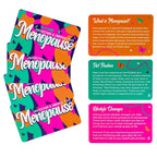 Colourful menopause cards featuring information about menopause, hot flushes and lifestyle changes.