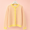 Pink and yellow striped knitted cardigan with yellow buttons, round neckline and ribbed trims.
