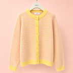 Pink and yellow striped knitted cardigan with yellow buttons, round neckline and ribbed trims.