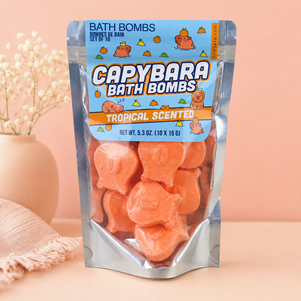 Pack of 10 orange tropical scented Capybara Bath Bombs in a resealable pouch