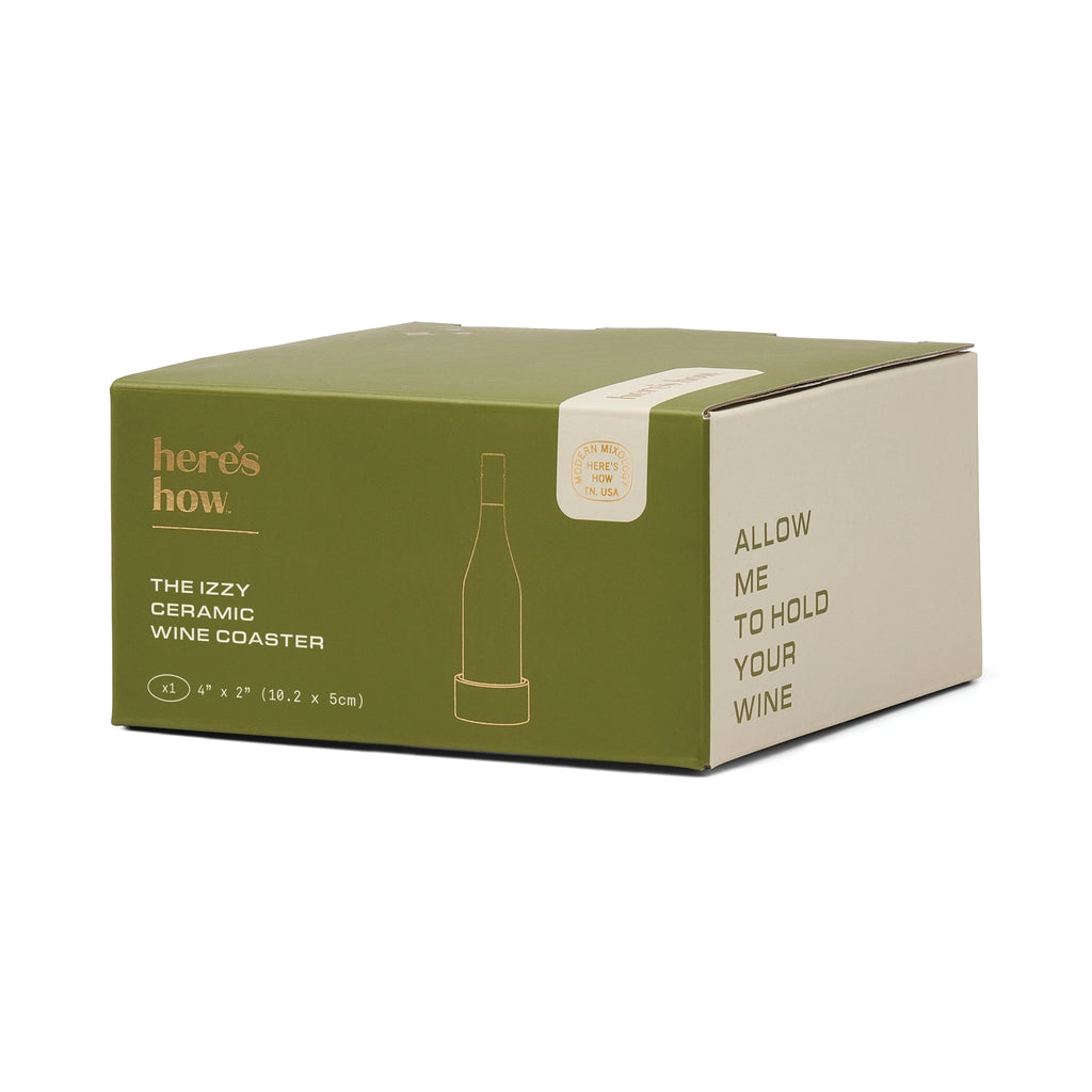 Boxed green striped ceramic wine coaster with illustrated packaging and Allow Me To Hold Your Wine wording.