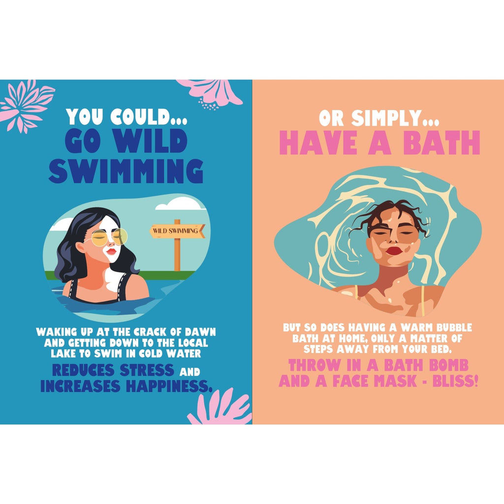 Colourful illustrated pages comparing wild swimming with enjoying a relaxing bath at home.