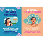 Colourful illustrated pages comparing wild swimming with enjoying a relaxing bath at home.