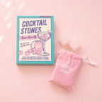 Set of six rose quartz cocktail chilling stones with pink storage pouch and colourful presentation box.