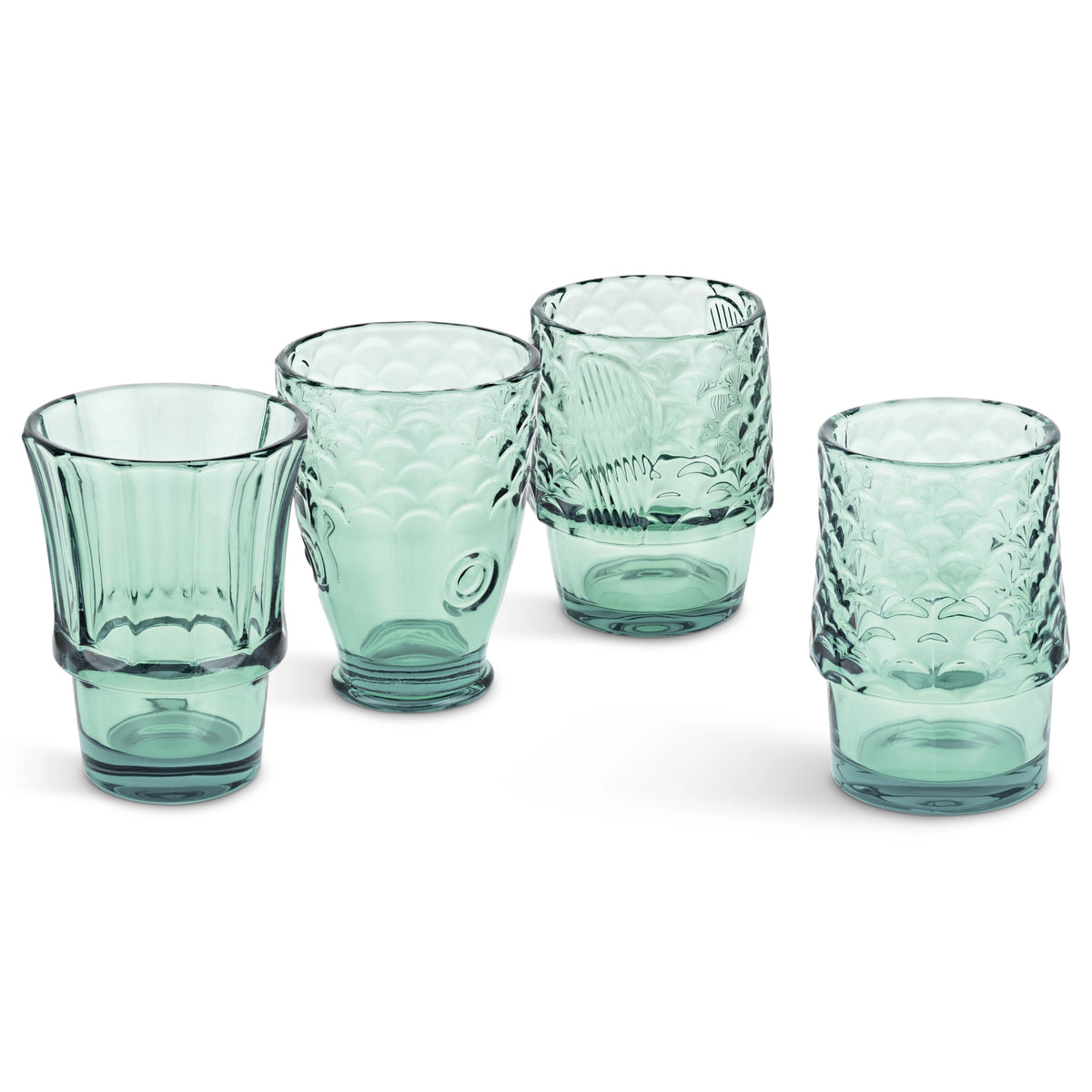Set of four green fish shaped drinking glasses displayed separately on a white background.