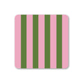 Square coaster with rounded corners featuring bold vertical stripes in candy pink and olive green.