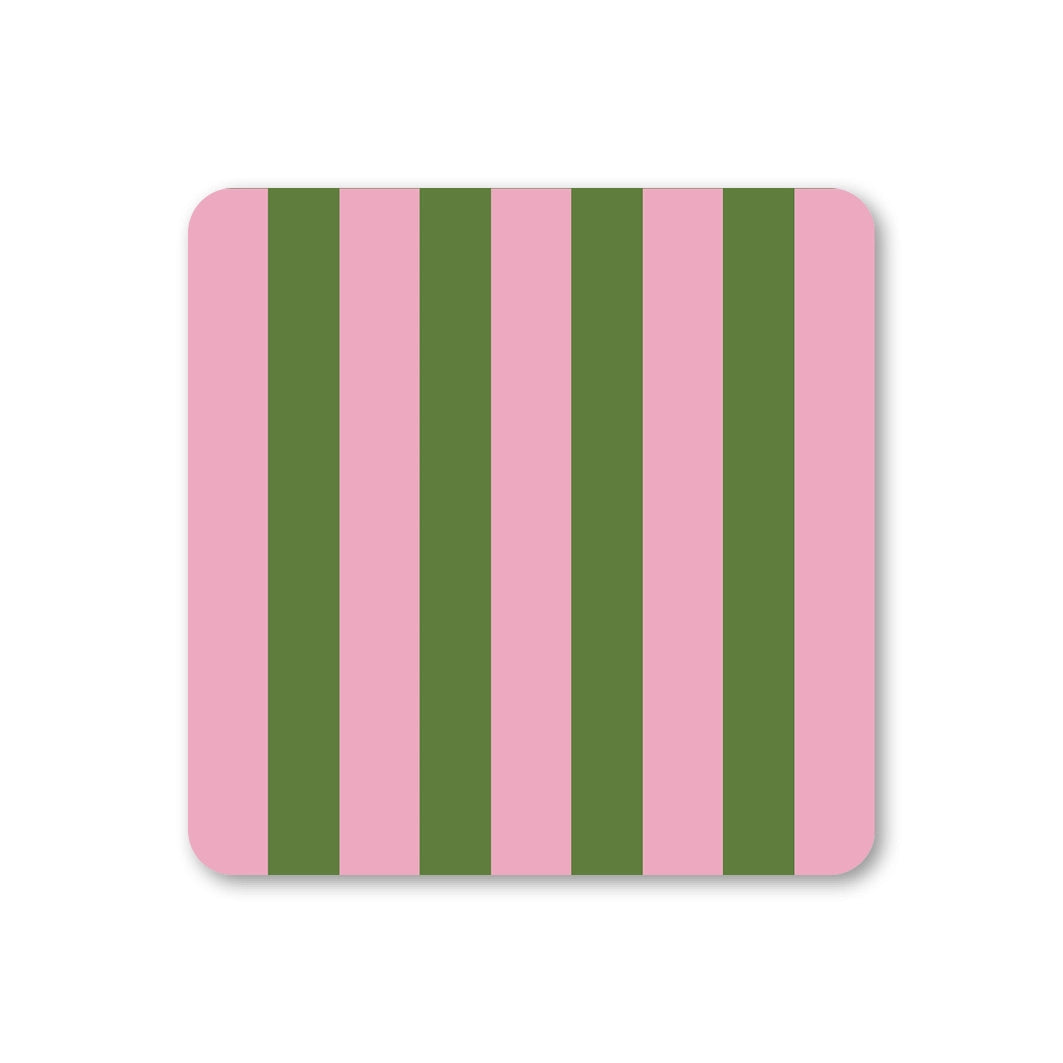 Square coaster with rounded corners featuring bold vertical stripes in candy pink and olive green.