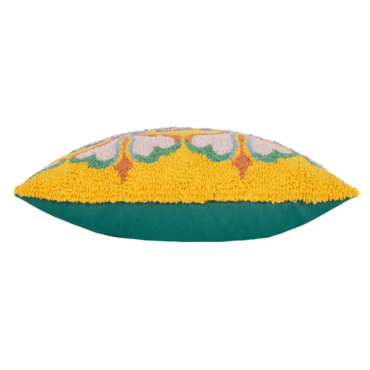 Side view of textured SWEET cushion showing its contrasting green polycotton canvas reverse.