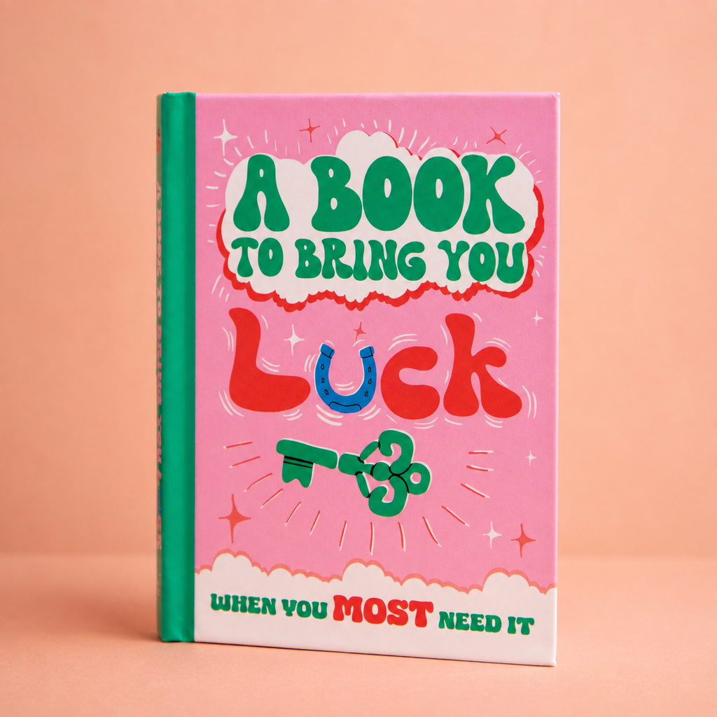 A Book to Bring You Luck colourful hardback gift book with bright pink and green cover, horseshoe and lucky key.