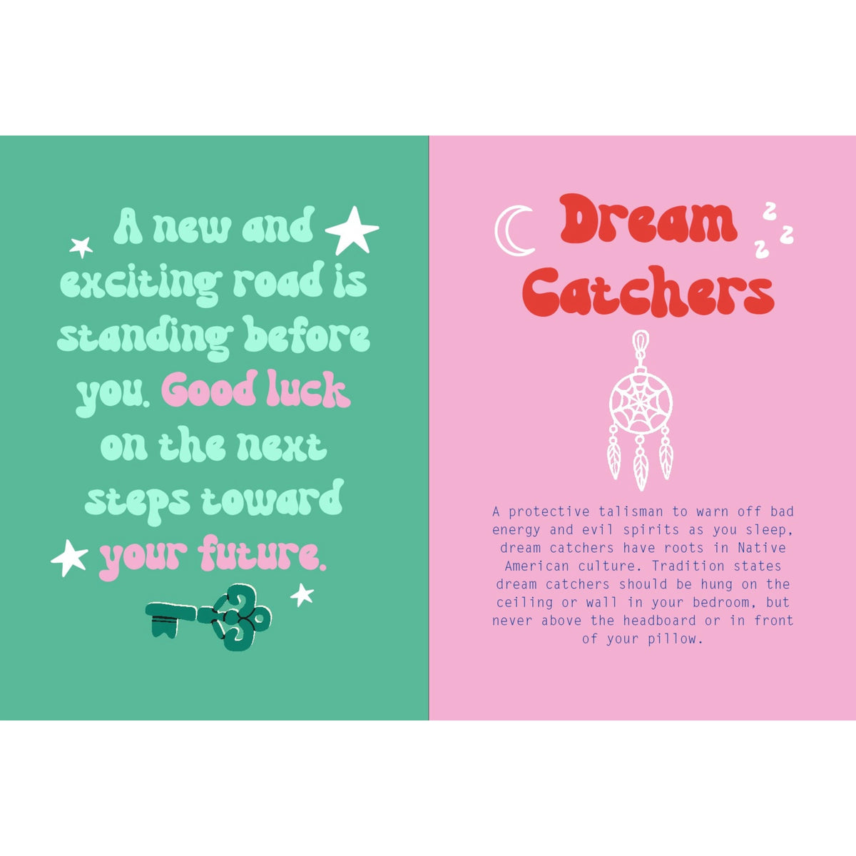 Inside A Book to Bring You Luck with colourful pages featuring a lucky key message and dream catcher symbolism.
