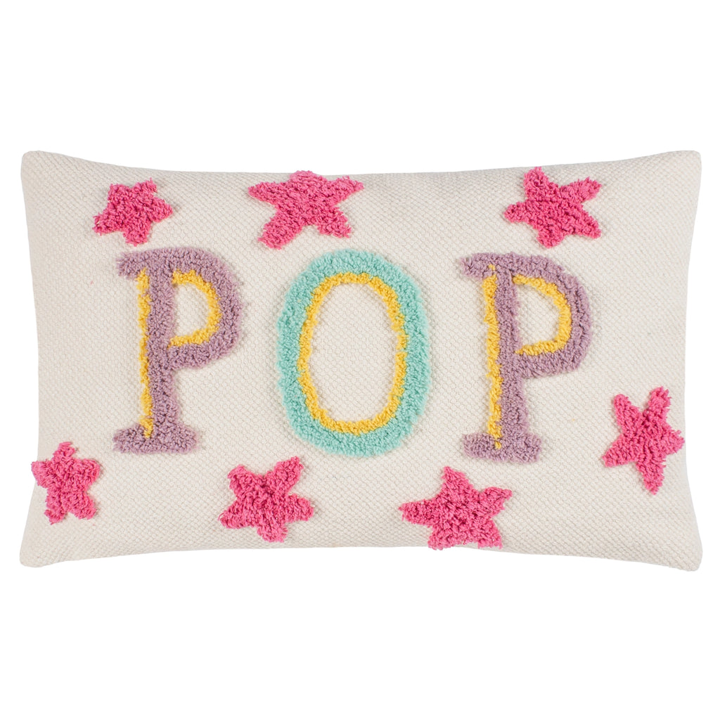 Colourful POP cushion with lilac, aqua and yellow textured lettering and raised pink stars on a cream background.