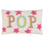 Colourful POP cushion with lilac, aqua and yellow textured lettering and raised pink stars on a cream background.