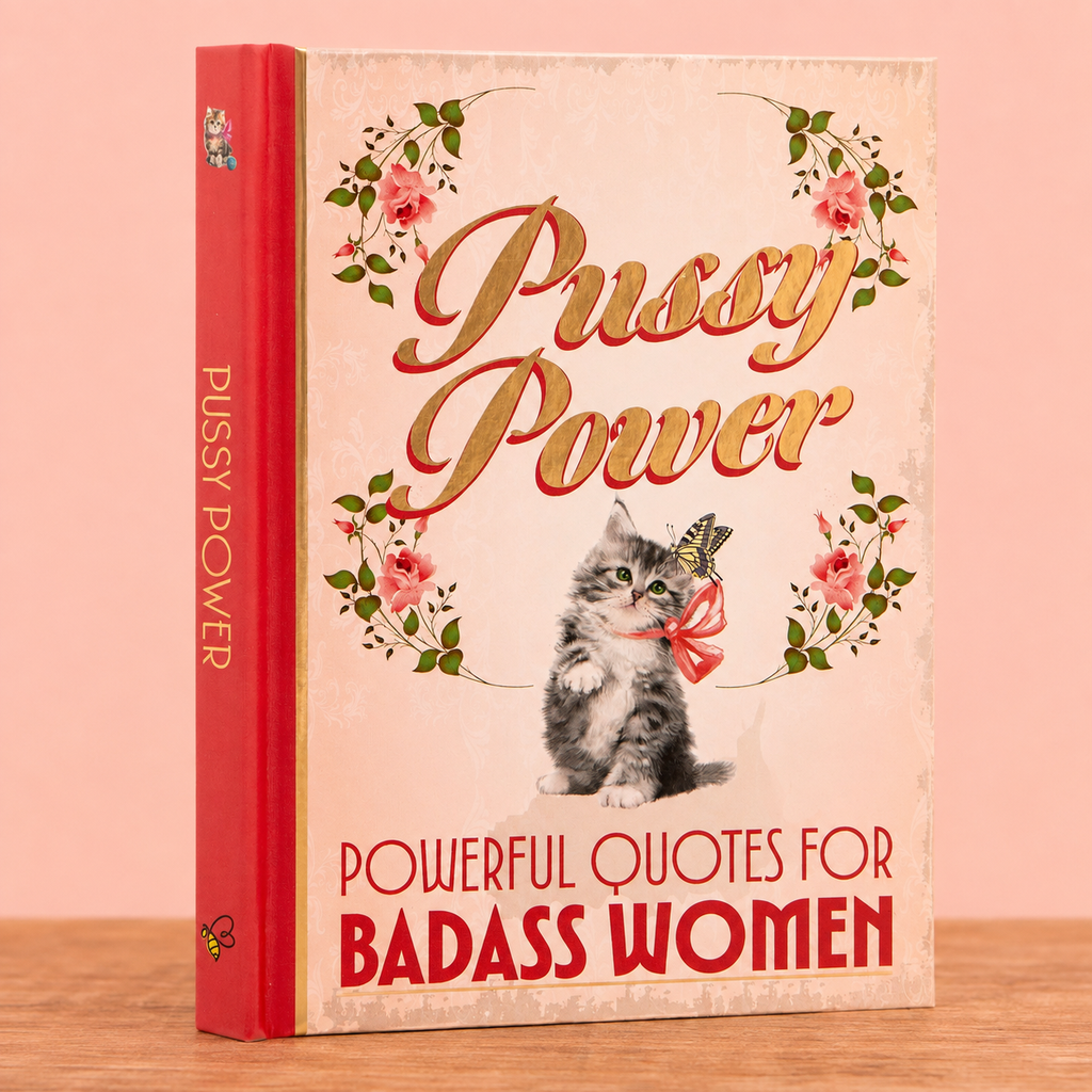 Pussy Power hardback gift book with vintage floral design, kitten illustration and red spine.