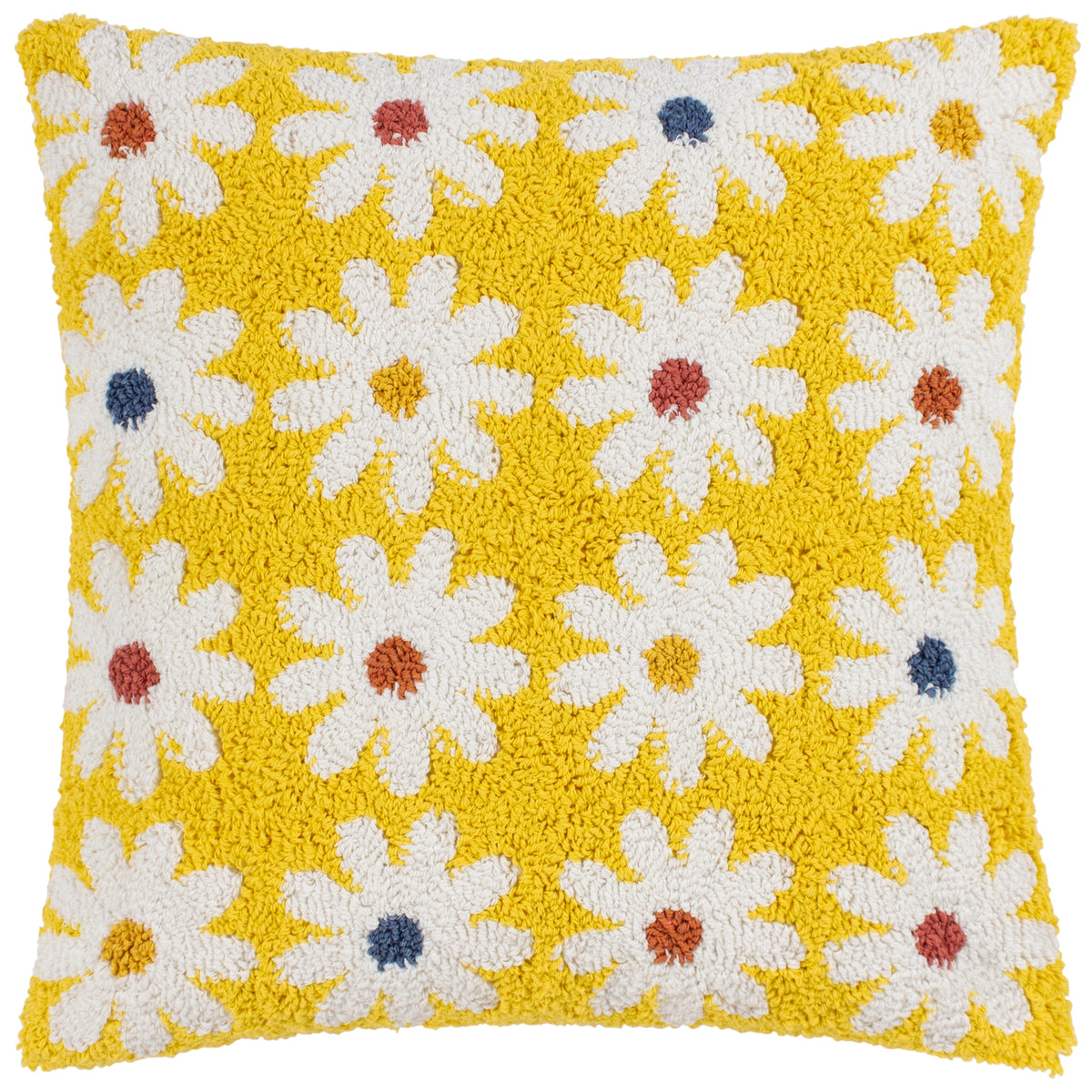 Square yellow and white daisy cushion with colourful flower centres and textured tufted finish.