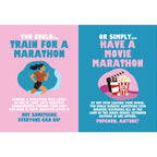 Inside pages comparing running a marathon with having a movie marathon in the Living Your Best Life book.