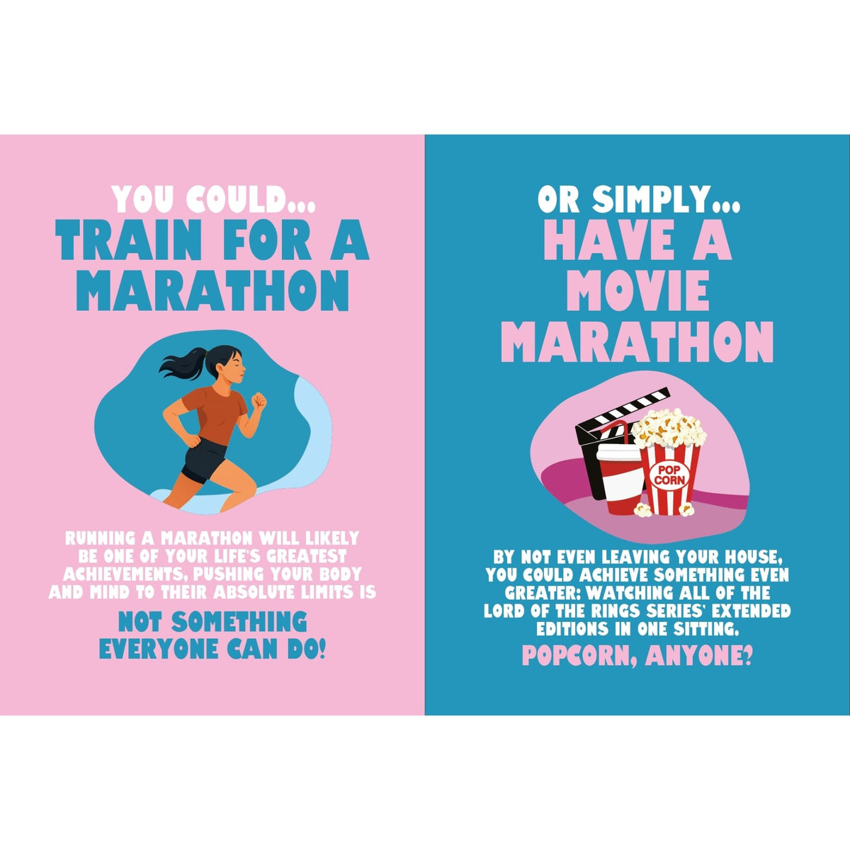 Inside pages comparing running a marathon with having a movie marathon in the Living Your Best Life book.