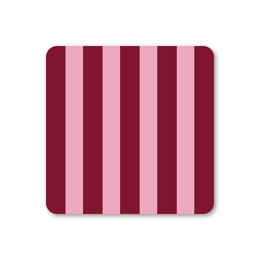 Square coaster with rounded corners featuring bold vertical stripes in candy pink and deep burgundy.