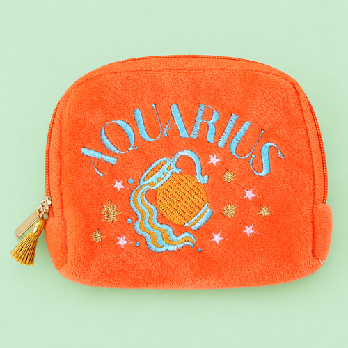 Bright orange velvet Aquarius zodiac pouch with blue, pink and gold water bearer embroidery and gold tassel zip.