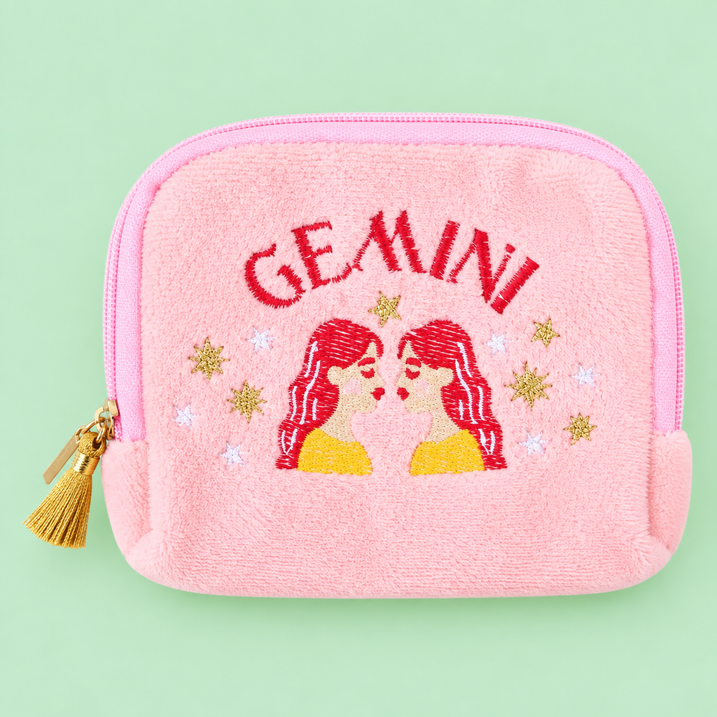 Pink Gemini velvet pouch with colourful embroidered twins and stars on a soft green background.