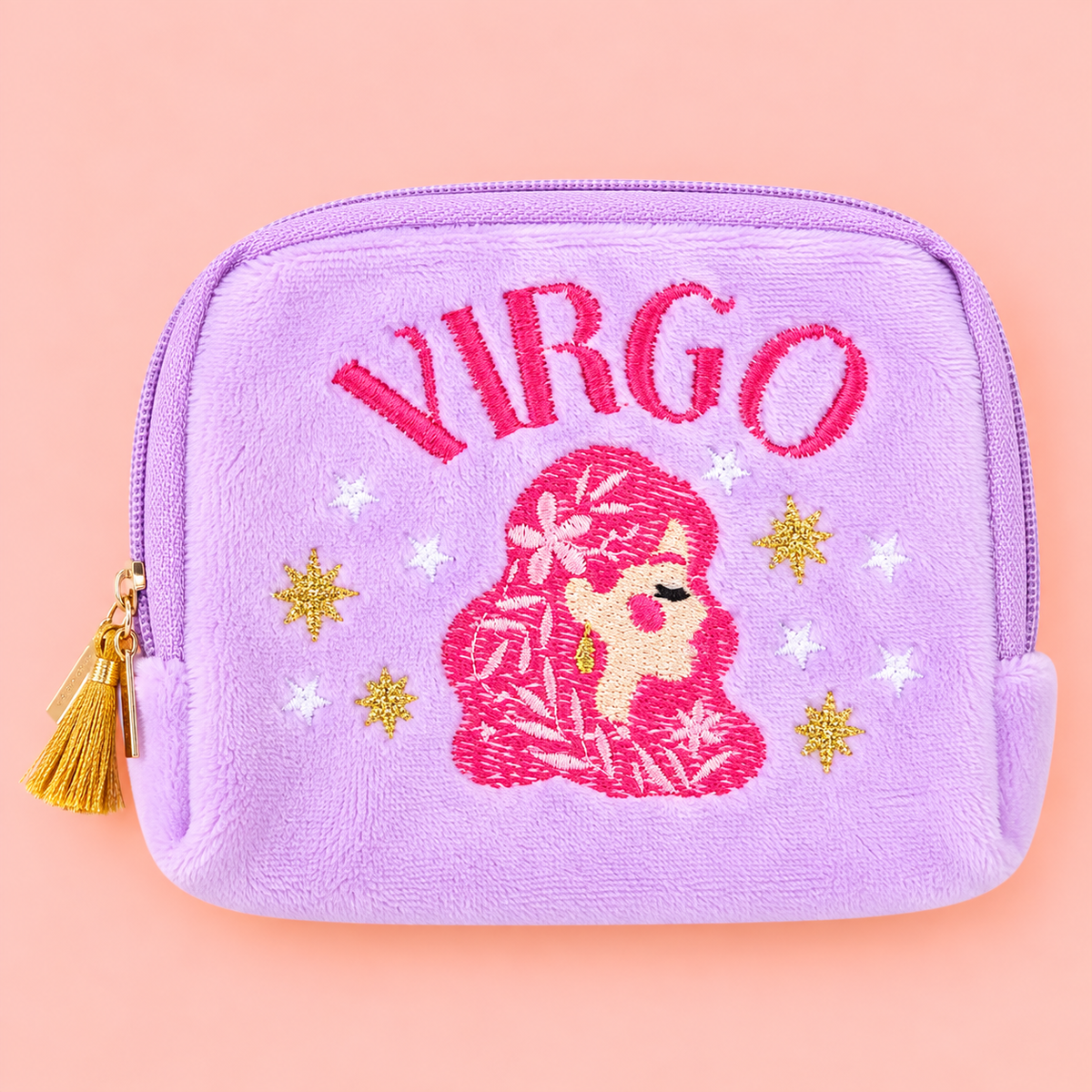 Lilac Virgo velvet pouch with bright pink maiden embroidery on a soft peach pink background.