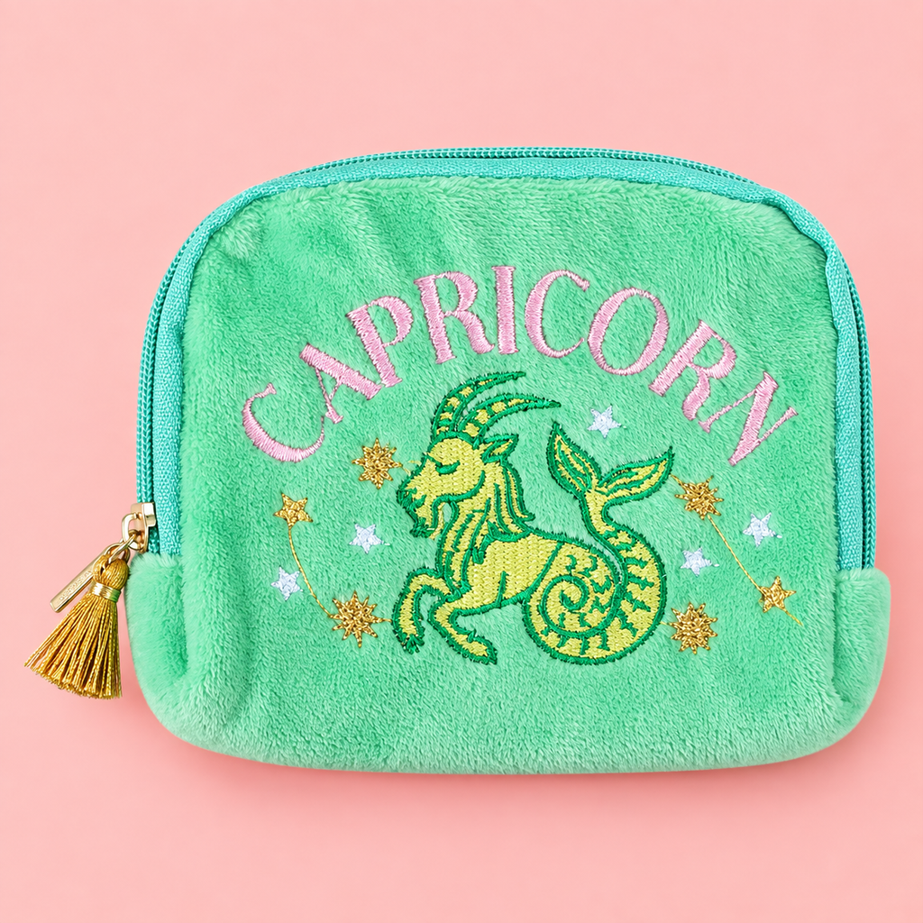 Mint green velvet Capricorn zodiac pouch with colourful embroidered goat, stars and gold tassel zip.