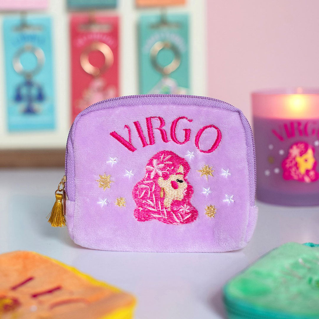 Lilac velvet Virgo zodiac pouch with hot pink embroidered maiden, gold and white stars and gold tassel zip.