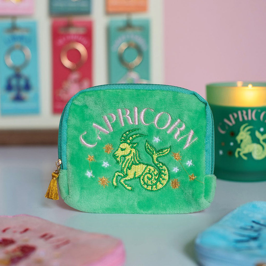 Mint green Capricorn velvet pouch with embroidered zodiac design displayed alongside colourful accessories and matching candle.