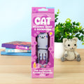 Cat reading light and bookmark in pink packaging with a grey and purple striped cat design.