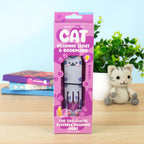Cat reading light and bookmark in pink packaging with a grey and purple striped cat design.