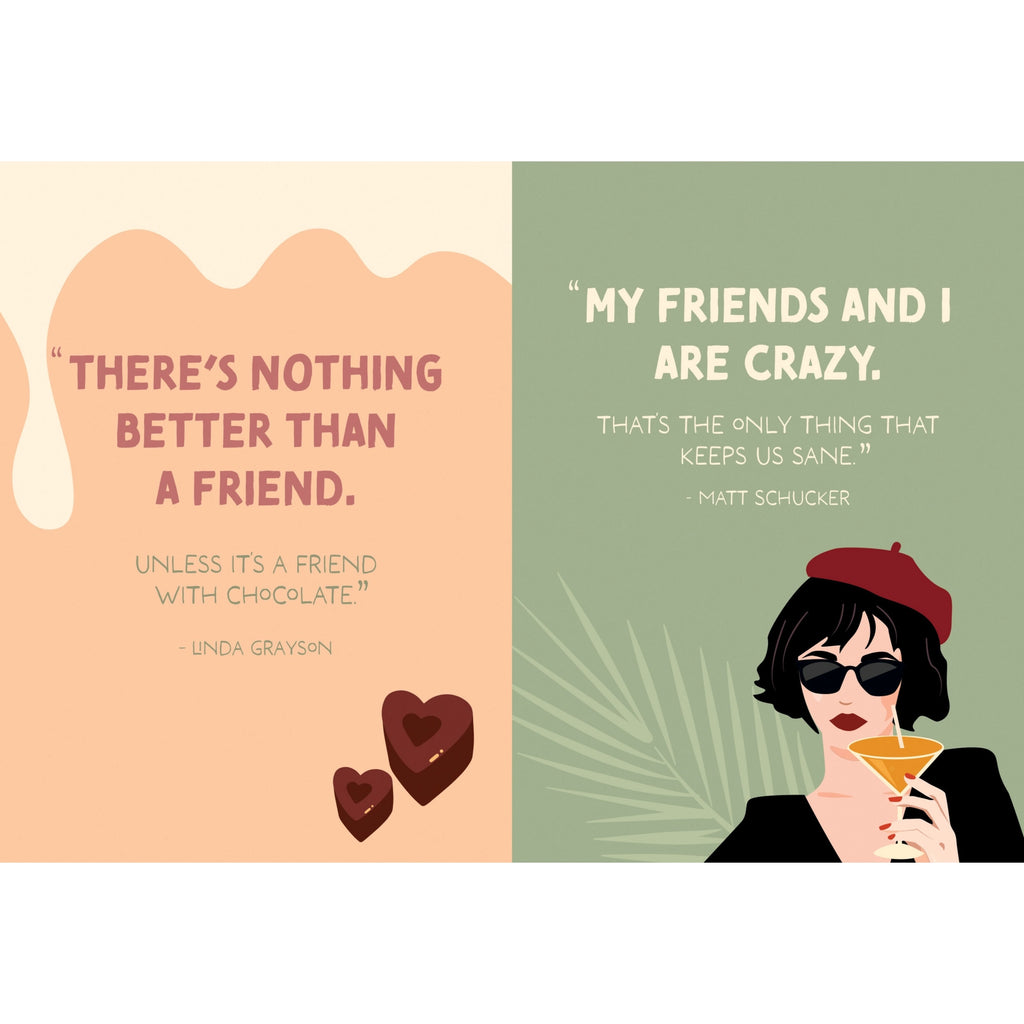 nside pages of Why We’re Friends book featuring colourful illustrations and funny friendship quotes.