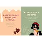 nside pages of Why We’re Friends book featuring colourful illustrations and funny friendship quotes.