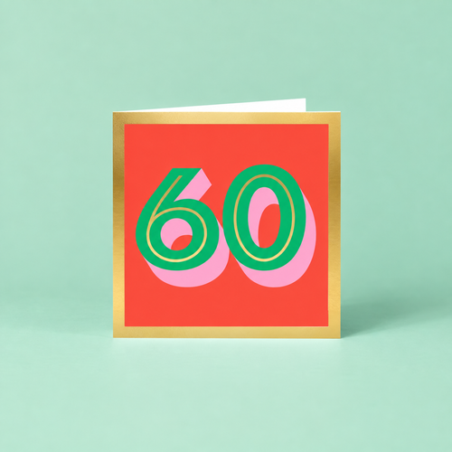 Colourful 60th birthday card with large green number 60, pink shadow detail, bright red background and metallic gold foil border.