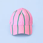 Bright pink baseball cap with playful green stripes, adding an instant splash of colour and fun.