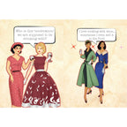 Illustrated pages from Wine Keeping Women Sane featuring humorous wine sayings and vintage-style women.