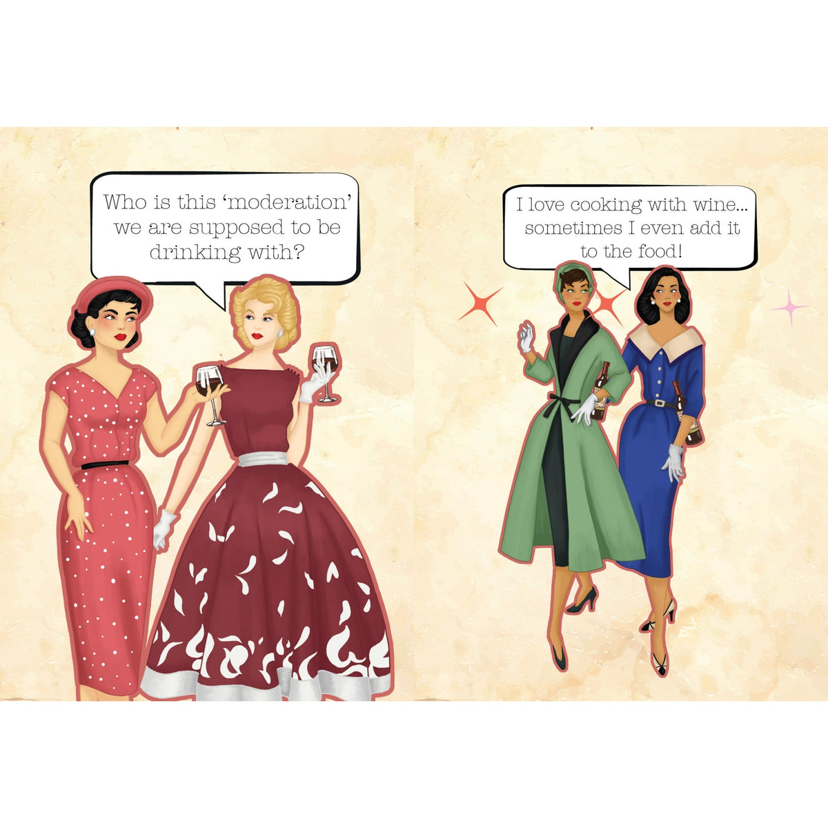 Illustrated pages from Wine Keeping Women Sane featuring humorous wine sayings and vintage-style women.