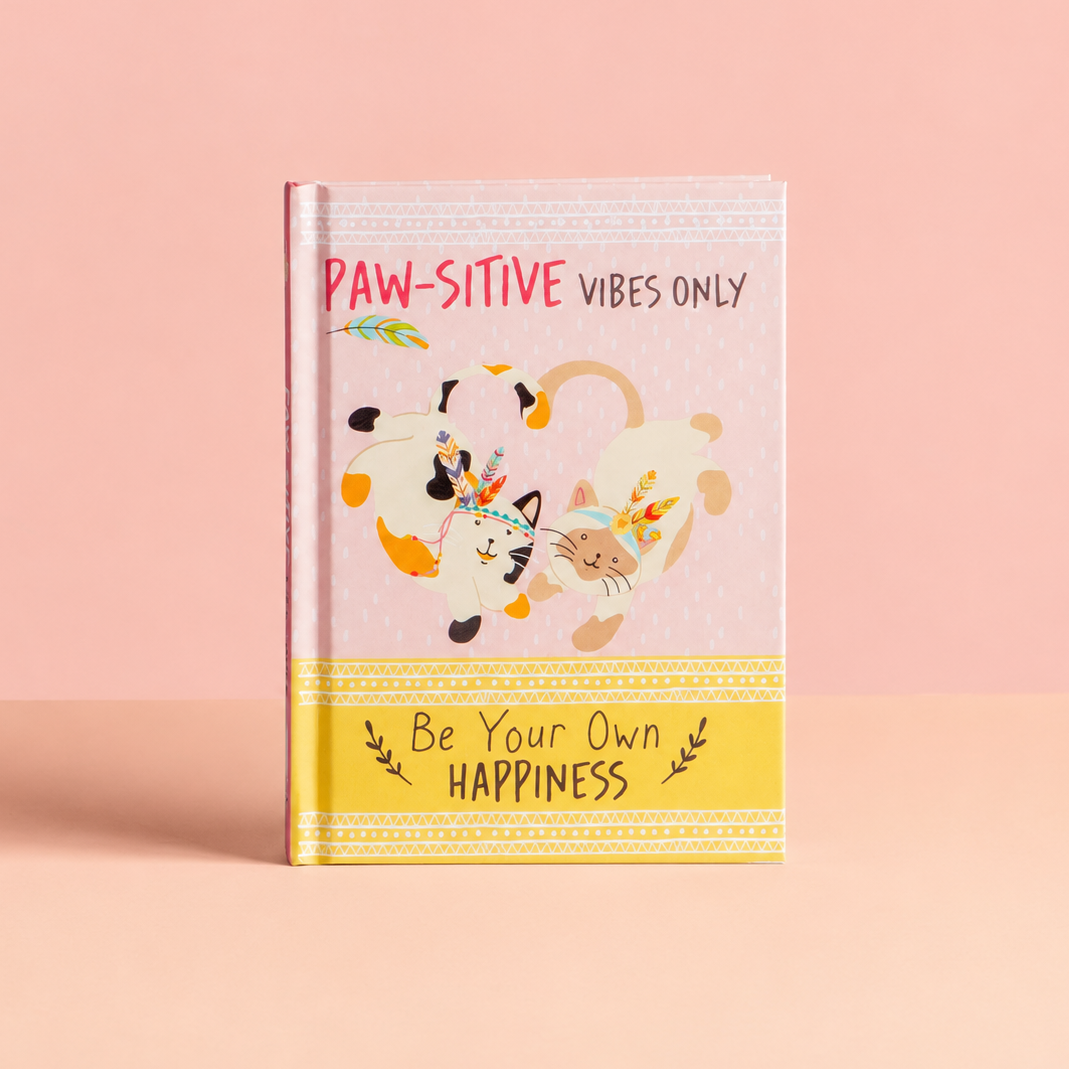 Paw-sitive Vibes Only colourful hardback gift book with illustrated cats and dogs on a pink and yellow cover.