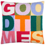 Square Good Times tufted cushion with colourful pink, orange, green, blue and red lettering.