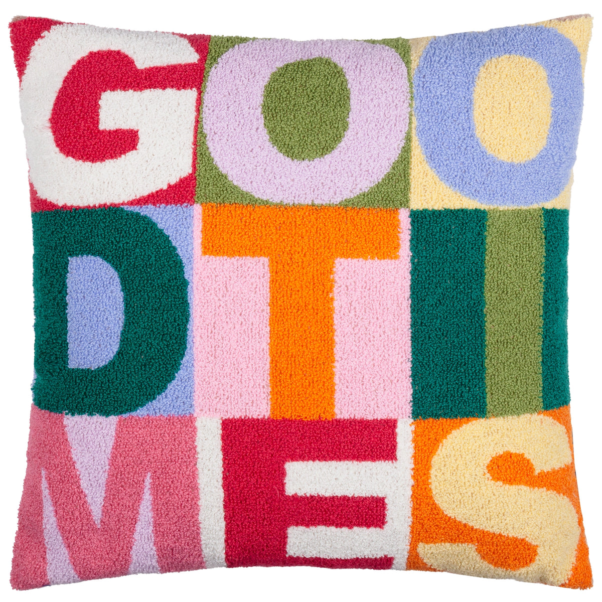 Square Good Times tufted cushion with colourful pink, orange, green, blue and red lettering.