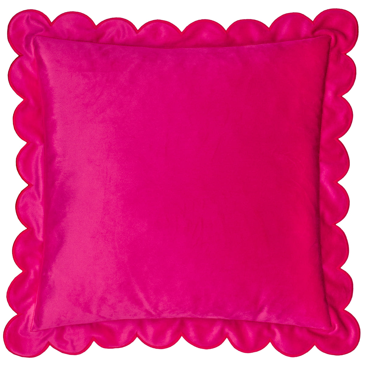 Square hot pink velvet cushion with a soft finish and scalloped border.