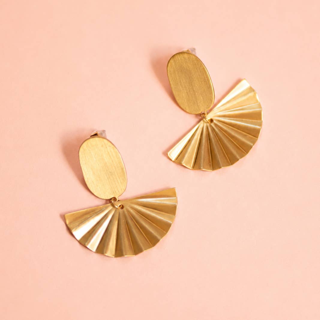 Gold plated fan statement earrings with textured oval studs and pleated drops, ideal for birthday and occasion gifting.